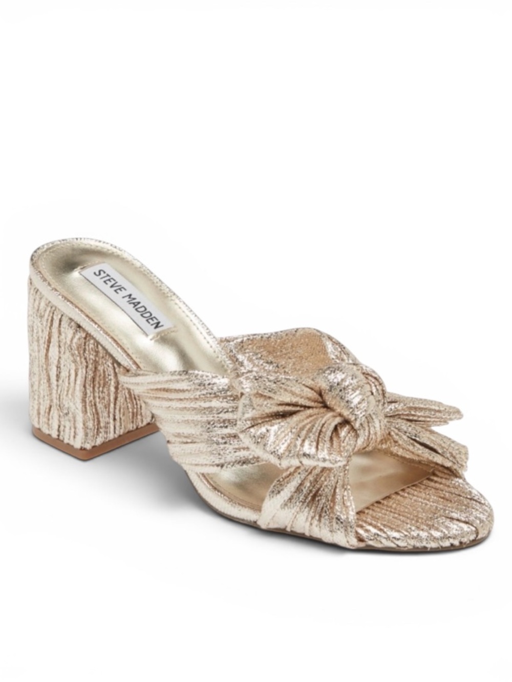 NWOB Steve Madden Deacon Knot Block Heel Slide Sandals in Metallic Gold Size 6M